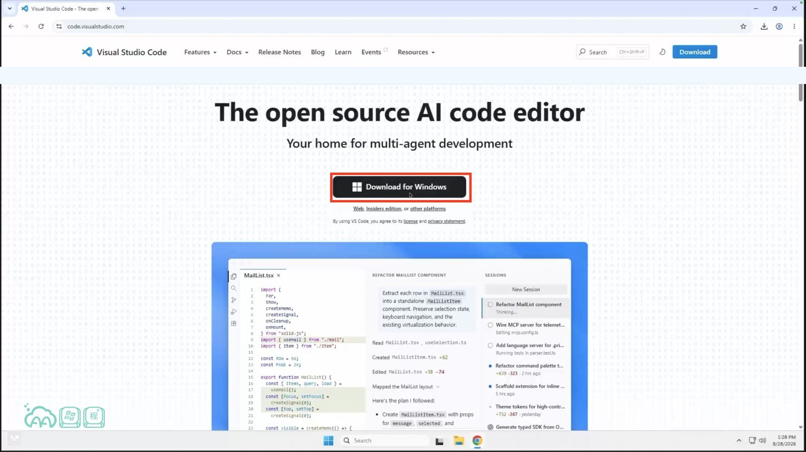 VS Code 官網首頁的截圖，紅框標出中央的 Download for Windows 下載鈕