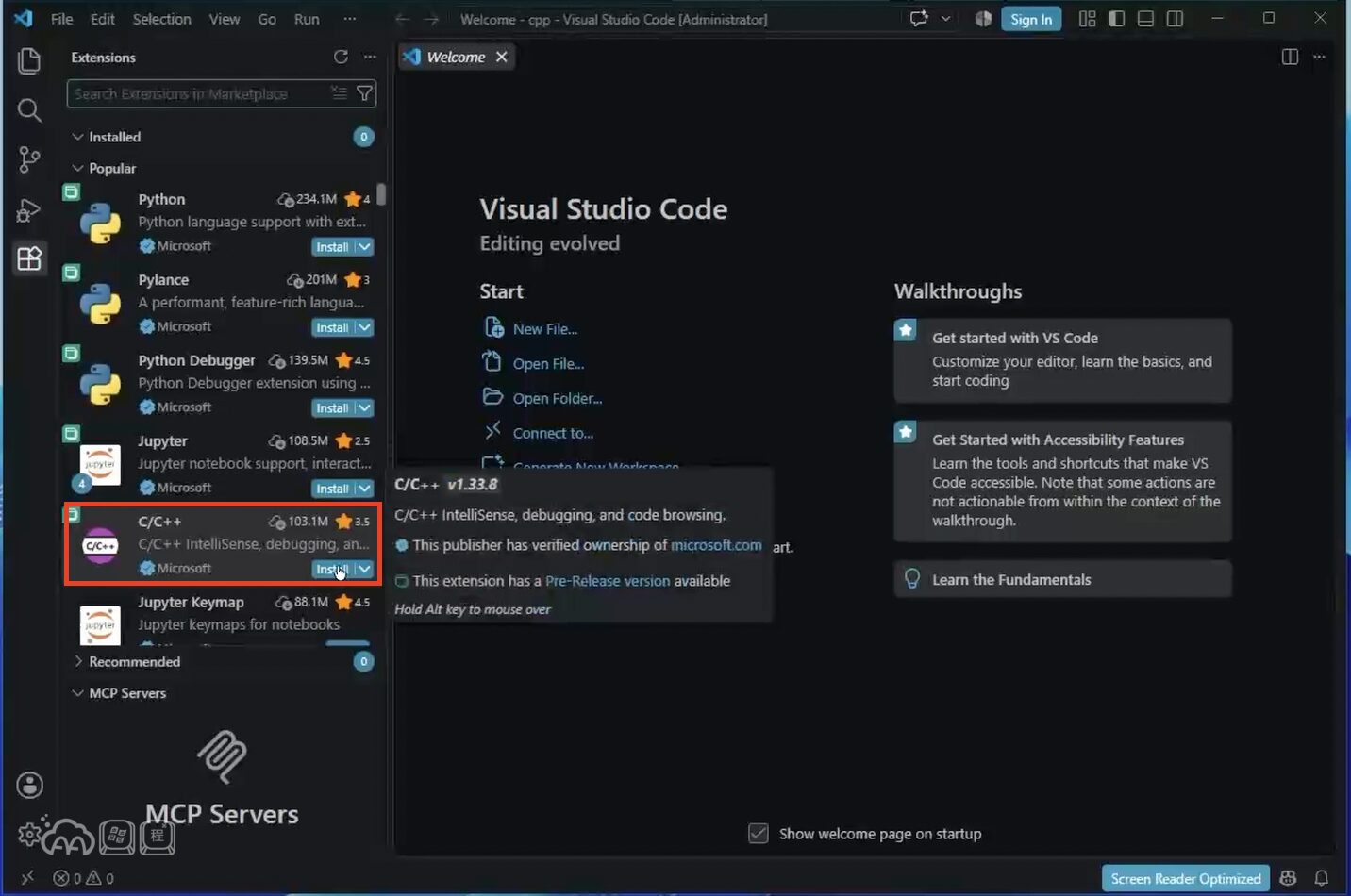 VS Code 擴充套件面板的截圖，紅框標出發行者是 Microsoft 的 C/C++ 套件，浮動說明顯示已驗證 microsoft.com