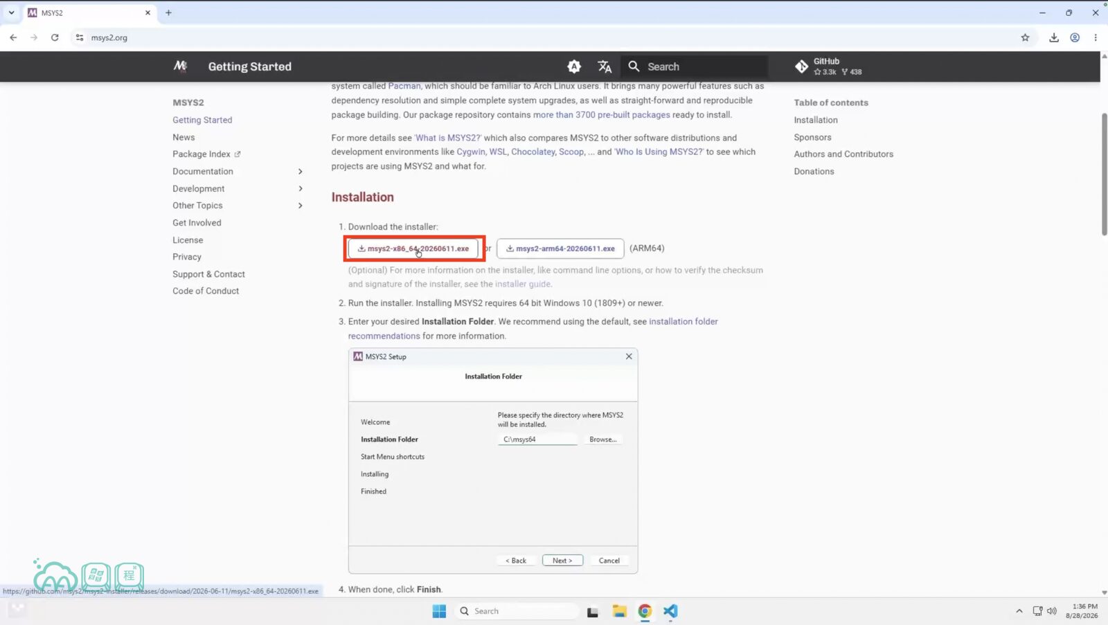 msys2.org 安裝說明頁的截圖，紅框標出 msys2-x86_64 的下載按鈕