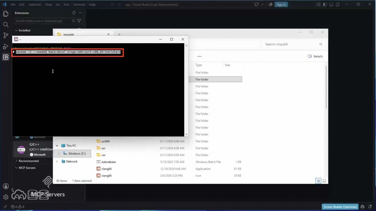 MSYS2 終端機的截圖，紅框標出剛貼上的 pacman 安裝指令