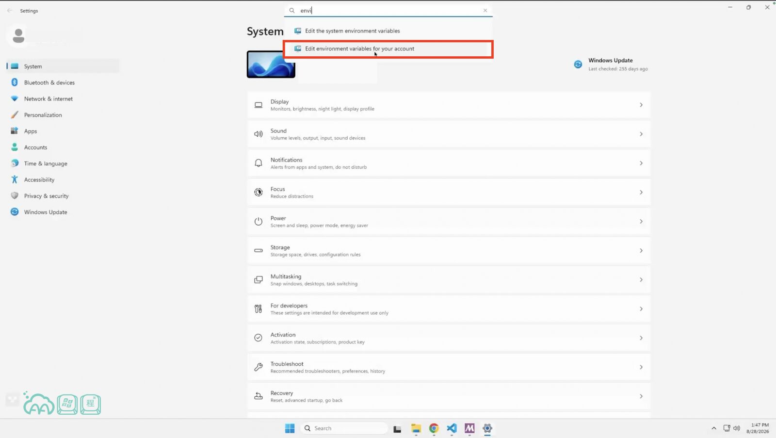 Windows 設定裡搜尋 env 的截圖，紅框標出 Edit environment variables for your account 這一項